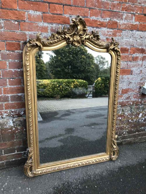 A Superb Excellent Size Antique 19th Century French Carved Wood & Gesso Shaped Top Original Gilt Mirror.