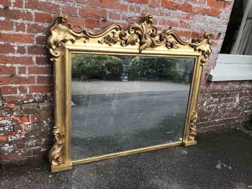 An Exceptional Large Antique English 19th Century Original Gilt Carved Wood Overmantel Mirror.