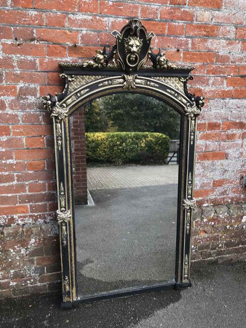 A Highly Decorative Large Antique 19th Century French Carved Wood & Gesso Original Painted Black & Silver/gilt Shaped Top Mirror.