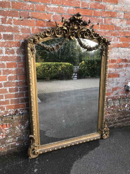 A Spectacular Large Antique 19th Century French Carved Wood & Gesso Original Gilt Shaped Top Mirror