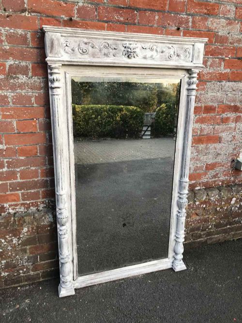 A Highly Decorative Large 19th Century French Carved Wood Distressed Painted Mirror.
