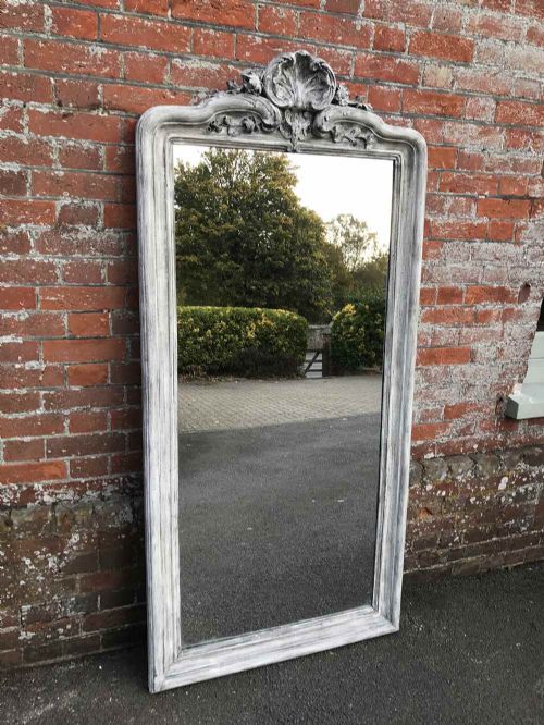 A Fabulous Large Antique 19th Century French Carved Wood Distressed Painted Mirror.