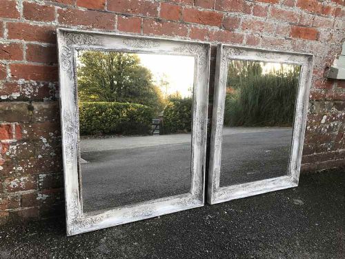 A Highly Unusual Pair of Early Antique 19th Century French Carved Wood & Gesso Distressed Painted Louis Philippe Mirrors.