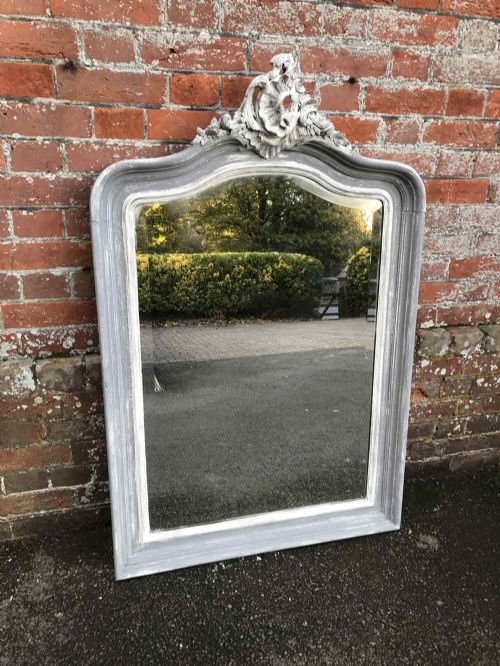 A Fabulous Good Size Antique 19th Century French Carved Wood Distressed Painted Shaped Top Mirror.