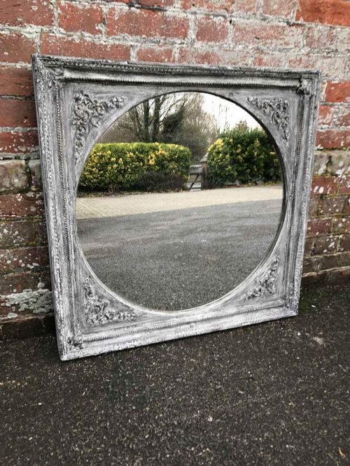 A Very Useful Size Antique19th Century Carved Wood & Gesso Distressed Painted Oval Framed Mirror.