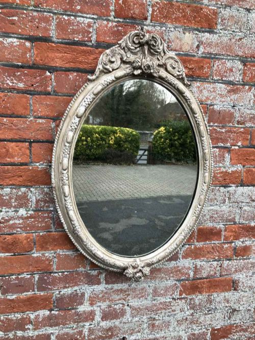A Wonderful Antique 19 Th Century French Carved Wood & Gesso Painted Oval Mirror.