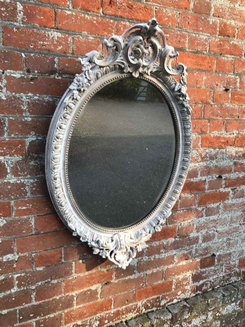 A Stunning Highly Decorative Antique 19th Century French Carved Wood & Gesso Distressed Painted Oval Mirror.