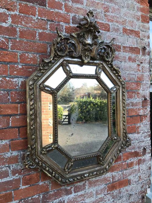 An Exquisite Highly Unusual Antique 19th Century French Carved Wood and Gesso Original Distressed Gilt, Silver and Painted Shaped Cushion Mirror.