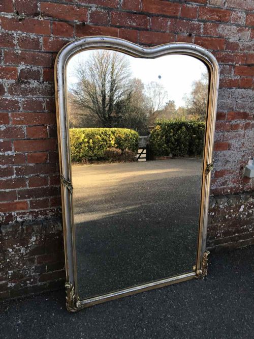 A Superb Large Antique 19th Century French Carved Wood & Gesso Original Silver/gilt Plain Shaped Top Mirror.