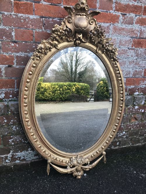 A Superb Antique 19th Century French Carved Wood & Gesso Original Gilt Oval Mirror.