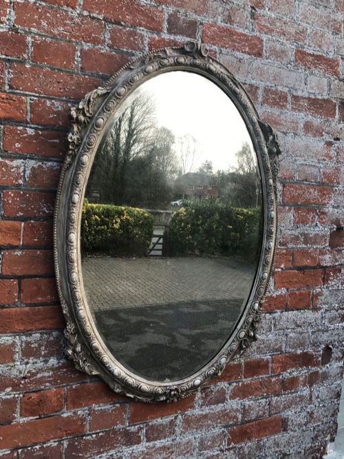 A Wonderful Large Antique 19th Century Carved Wood & Gesso Painted Oval Mirror.