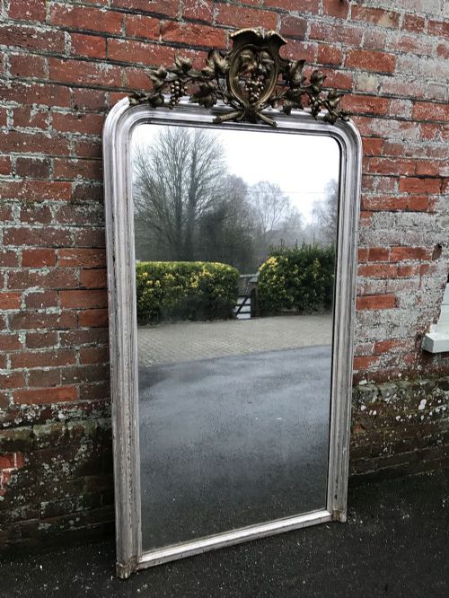 An Absolutely Stunning Large Antique 19th Century French Carved Wood and Gesso Original Silvered Ornate Gilt Crested Arched Top Louis Philippe Mirror.