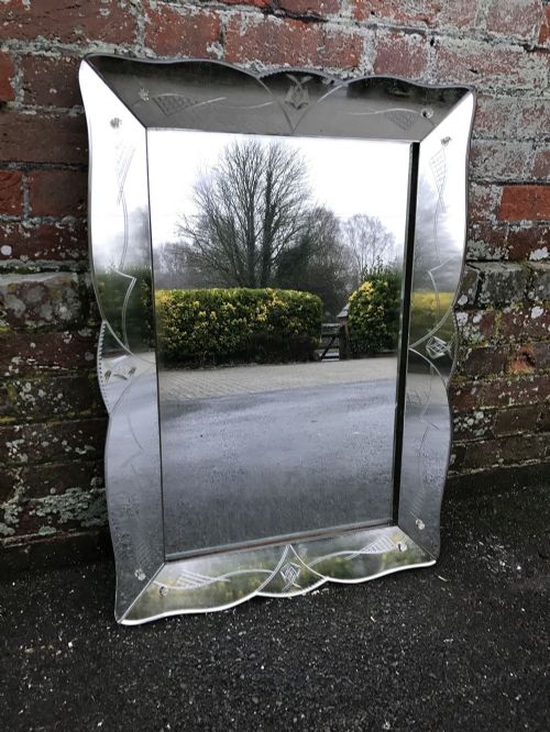 A Very Useful Size Early 20th Century French Original Etched Framed Venetian Mirror.