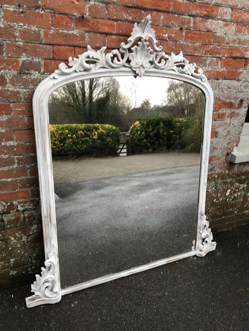 A Fabulous Large Antique 19th Century French Arched Top Carved Wood Distressed Painted Mirror.