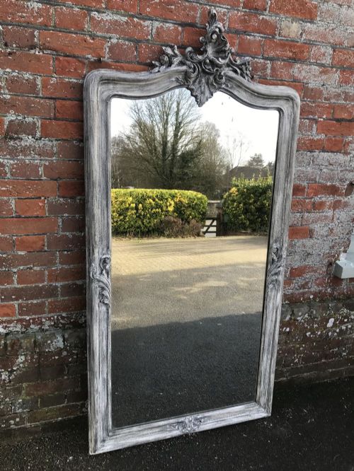 A Stunning Shaped Top Highly Decorative Large Antique 19th Century French Carved Wood Distressed Painted Mirror.