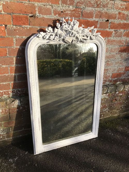 A Wonderful Useful Size Antique 19th Century French Carved Wood & Gesso Distressed Painted Mirror.