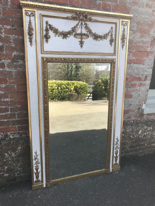 A Spectacular Large Antique 19th Century French Carved Wood & Gesso Original Gilt and Painted Trumeau Mirror.