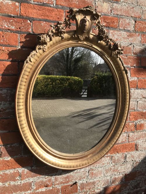 A Delightful Very Useful Size Antique 19th Century French Carved Wood & Gesso Oval Original Gilt Mirror.