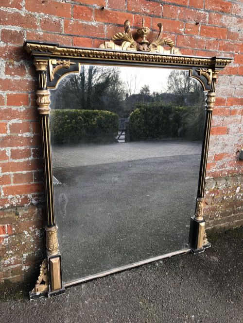 A Sensational Large Antique 19th Century English Carved Wood and Gesso Original Gilt & Black Painted Mirror.