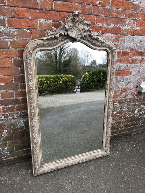 A Wonderful Antique 19th Century French Carved Wood & Gesso Painted Distressed Shaped Top Crested Mirror.