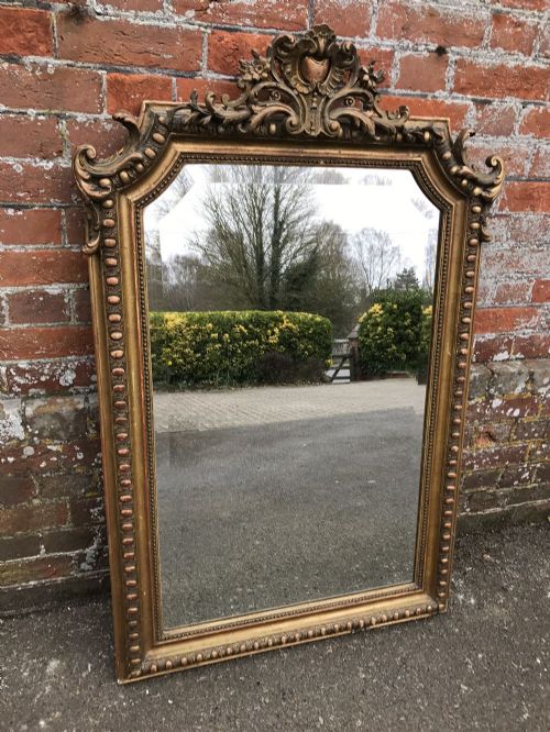 A Fabulous Very Useful Size Antique 19th Century French Carved Wood and Gesso Original Gilt Shaped Top Mirror.