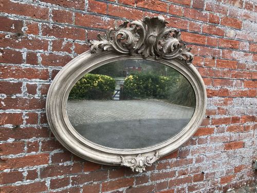A Superb Antique 19th Century French Carved Wood & Gesso Painted Oval Shaped Mirror.