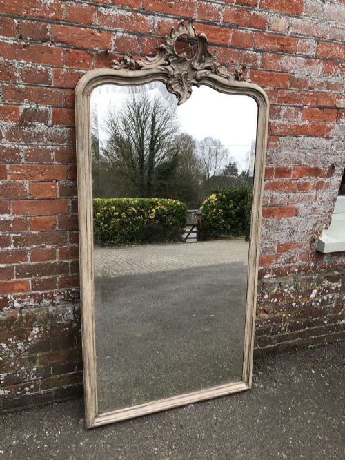 A Delightful Large Antique 19th Century French Shaped Top Carved Wood Painted Mirror.