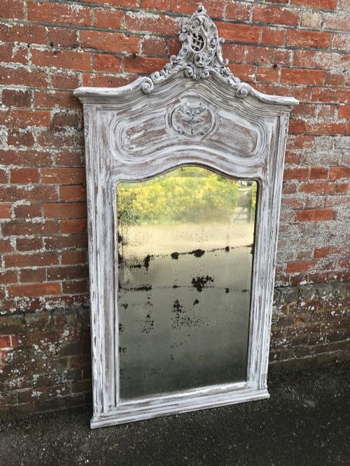 A Stunning Large Highly Decorative Carved Wood Distressed Painted Shaped Top Mirror.