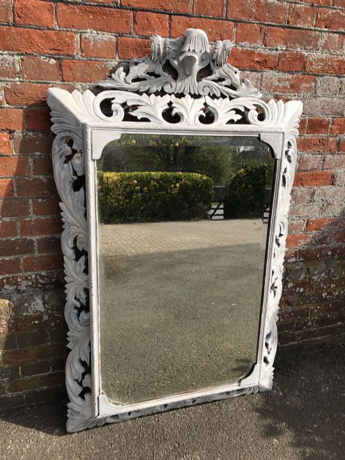 A Delightful Large Antique 19th Century French Carved Wood Distressed Painted Mirror.