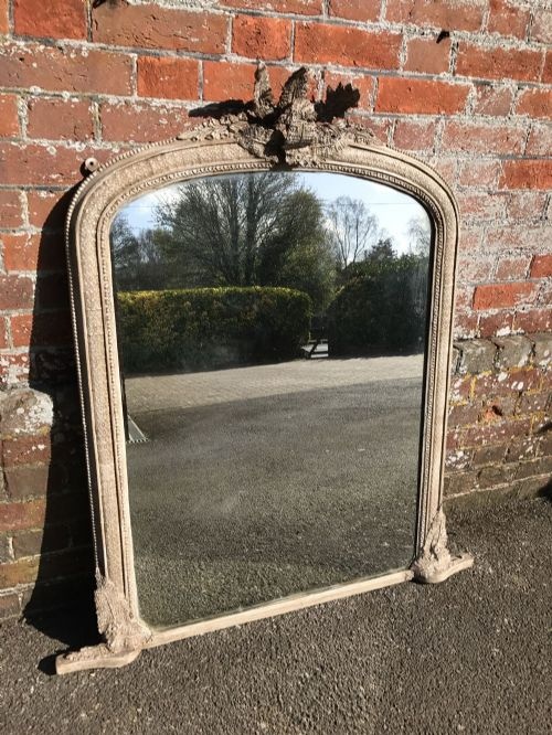 A Superb Useful Size Antique 19th Century French Carved Wood & Gesso Painted Shaped Overmantle Mirror.