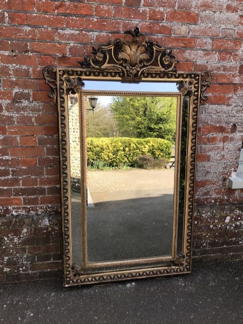 A Spectacular Large Antique 19th Century French Carved Wood & Gesso Original Gilt & Black Cushion Mirror.