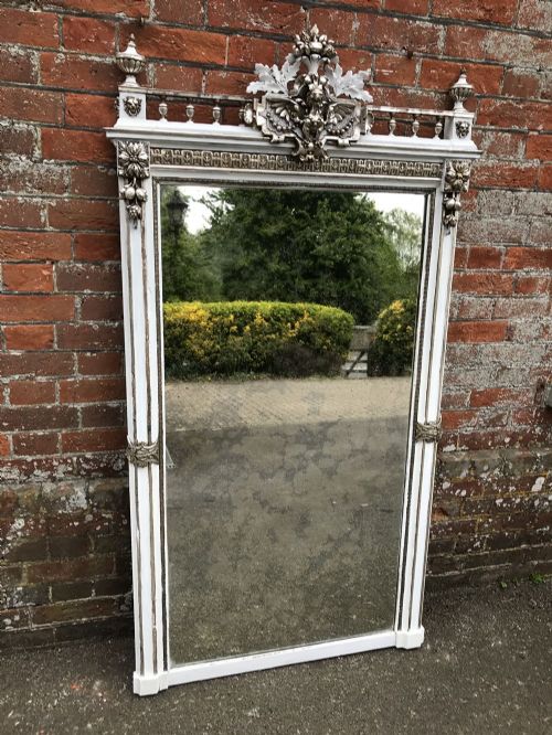 A Delightful Highly Decorative Large Antique 19th Century French Carved Wood & Gesso Silvered and Painted Mirror.