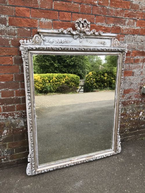 A Superb Large Decorative Antique 19th Century French Carved Wood & Gesso Distressed Painted and Silvered Framed Mirror.