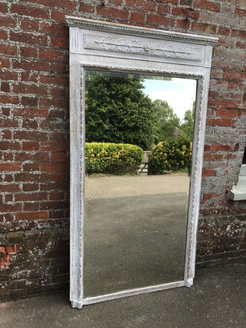 A Spectacular Large Antique 19th Century French Carved Wood and Gesso Distressed Painted Mirror.