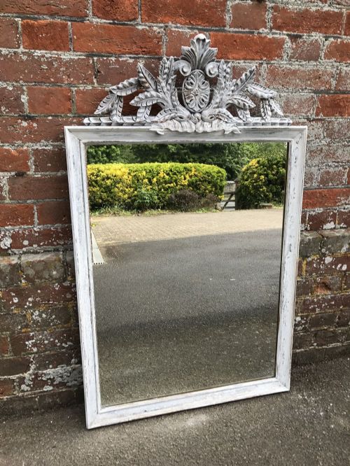 A Highly Useful Size Antique 19th Century French Carved Wood Distressed Painted Mirror.