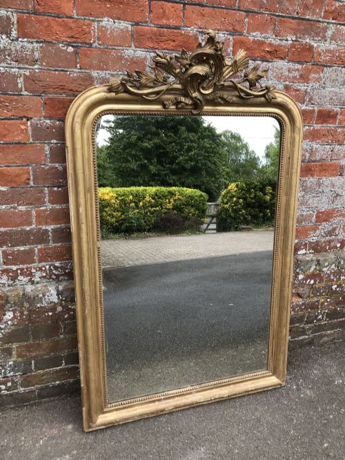 A Stunning Good Size Early Antique 19th Century French Carved Wood & Gesso Original Distressed Gilt Arched Top Mirror.
