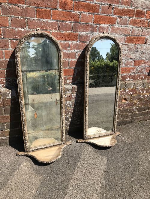 A Highly Unusual Pair of Antique 19th Century French Carved Wood & Gesso Painted Arched Top Mirrors.