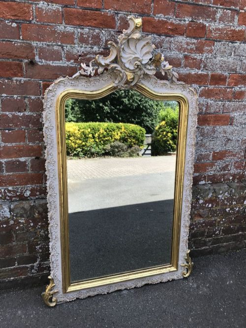 A Stunning Large Antique Highly Decorative French Carved Wood and Gesso Painted & Gilt Shaped Top Mirror.