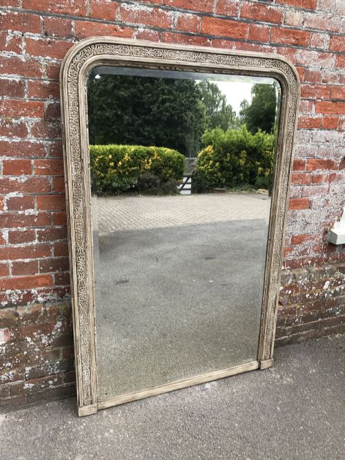 A Stunning Large Antique 19th Century French Carved Wood & Gesso Arched Top Painted Mirror.