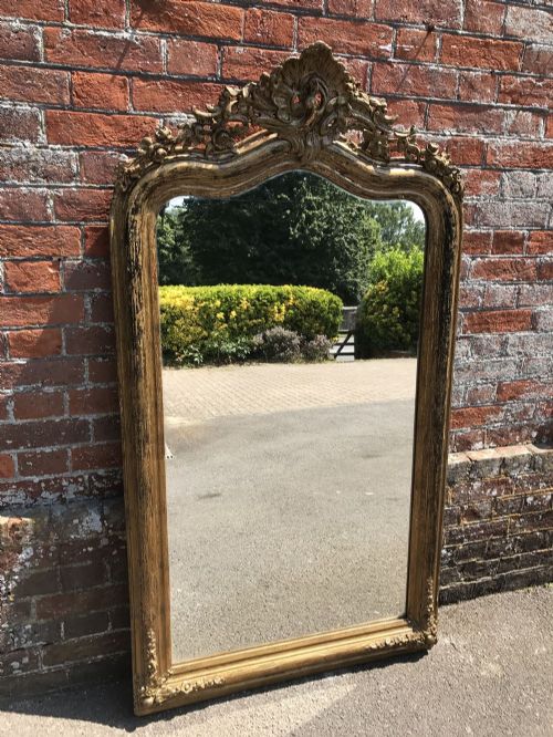 A Superb Antique 19th Century French Carved Wood & Gesso Shaped Top Original Gilt Distressed Mirror.