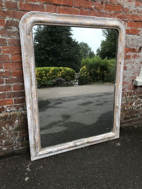 A Fabulous Large Early Antique 19th Century French Carved Wood and Gesso Arched Top Distressed Painted Mirror.