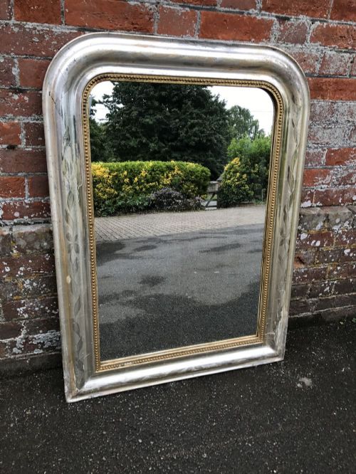 A Very Useful Size Early Antique 19th Century French Carved Wood & Gesso Arched Top Louis Philippe Original Silver/gilt Mirror.