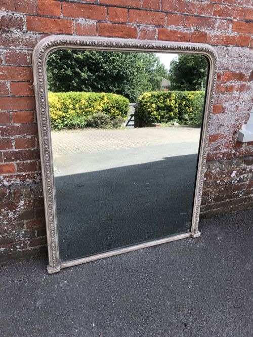 A Very Useful Size Antique 19th Century English Carved Wood & Gesso Arched Top Painted Mirror.
