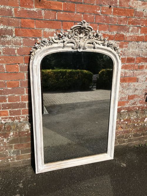 A Fabulous Highly Decorative Large Decorative Antique 19th Century French Carved Wood & Gesso Distressed Painted Shaped Top Mirror.