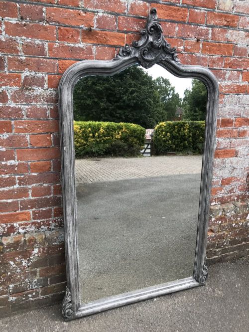 A Highly Decorative Large Antique 19th Century French Carved Wood Painted Shaped Top Mirror.