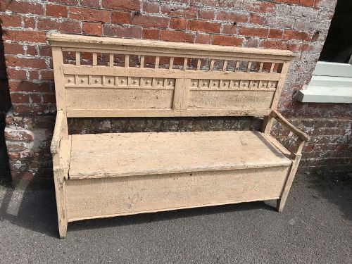 An Exquisite Antique 19th Century French Carved Wood Original Painted Settle.