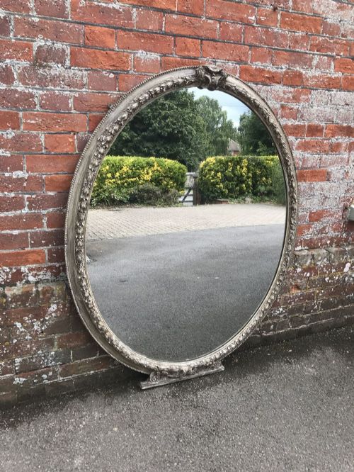 A Spectacular Large Antique 19th Century French Carved Wood & Gesso Painted Oval Mirror.