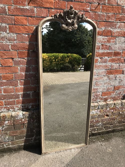 A Fabulous Large Antique 19th Century French Carved Wood & Gesso Painted Shaped Top Mirror.