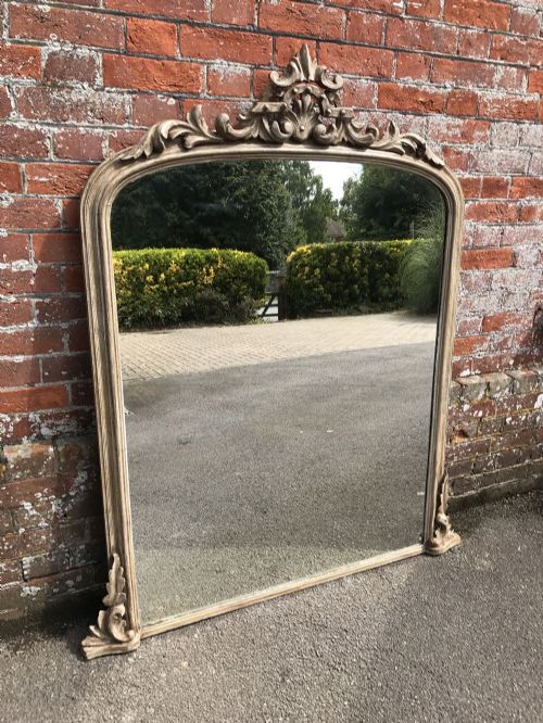 A Delightful Large Antique 19th Century French Carved Wood & Gesso Painted Shaped Top Mirror.
