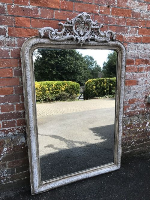 A Large Antique 19th Century French Carved Wood & Gesso Distressed Painted Shaped Top Mirror.